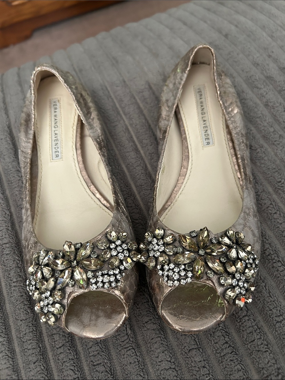Vera Wang Lavender Label Jeweled Peep-Toe Flats in Metallic Taupe